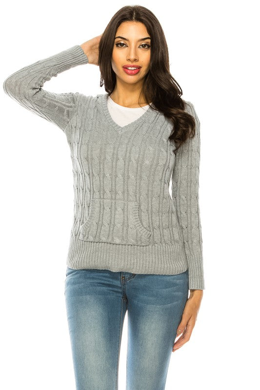 Women’s Chunky V-Neck Cable Knit Hoodie Sweater | Zarnesh