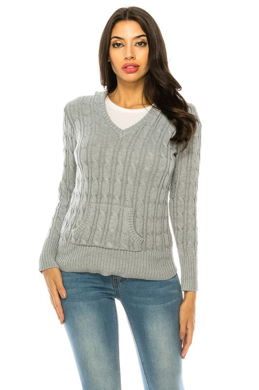 Women’s Chunky V-Neck Cable Knit Hoodie Sweater | Zarnesh