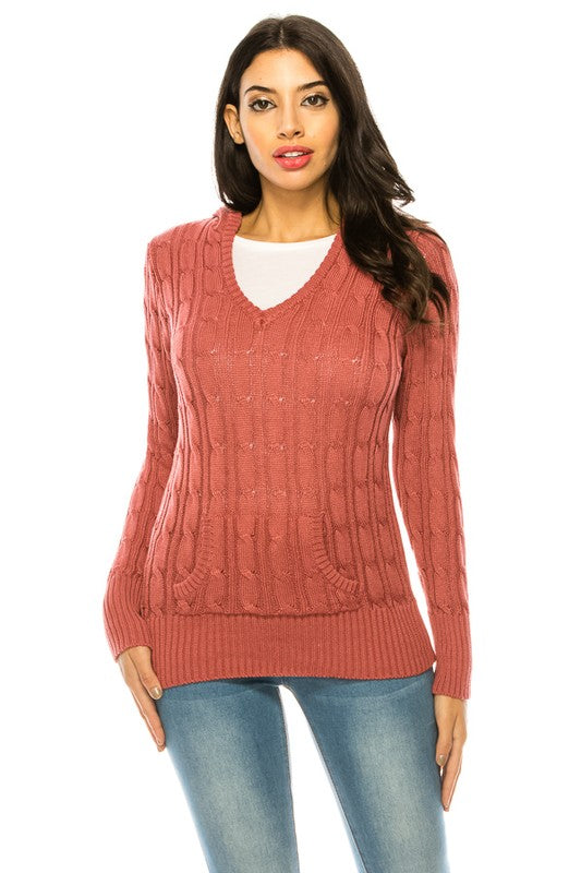 Women’s Chunky V-Neck Cable Knit Hoodie Sweater | Zarnesh