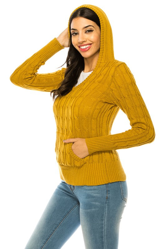 Women’s Chunky V-Neck Cable Knit Hoodie Sweater | Zarnesh