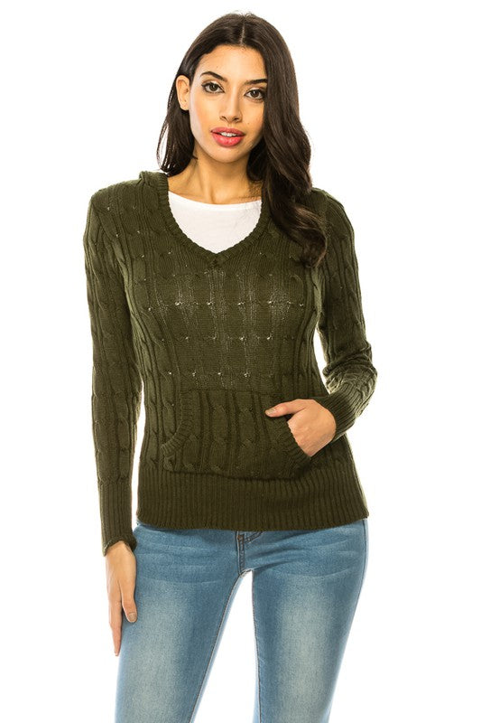 Women’s Chunky V-Neck Cable Knit Hoodie Sweater | Zarnesh