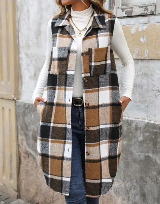 Women's Classic Plaid Longline Side Pockets Lapel Vest | Zarnesh