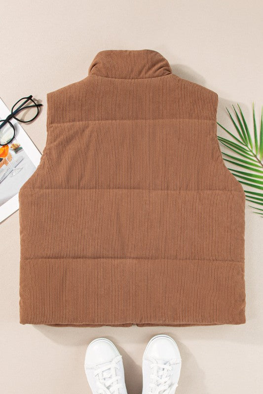 Women’s Corduroy Zipper Stand Collar Neck Puffer Vest Jacket | Zarnesh