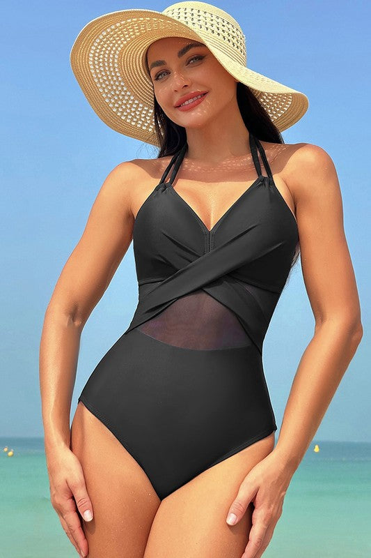 Women’s Color Block Halter Cross Lace One Piece Swimsuit | Zarnesh
