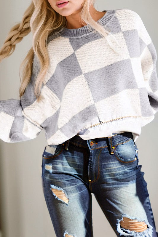 Women’s Color Block Plaid Exposed Bishop Sleeve Seam Sweater | Zarnesh