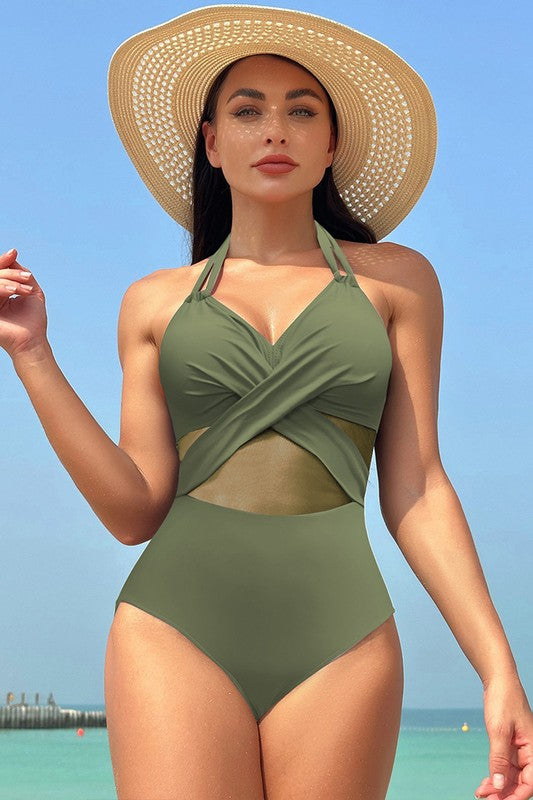 Women’s Color Block Halter Cross Lace One Piece Swimsuit | Zarnesh