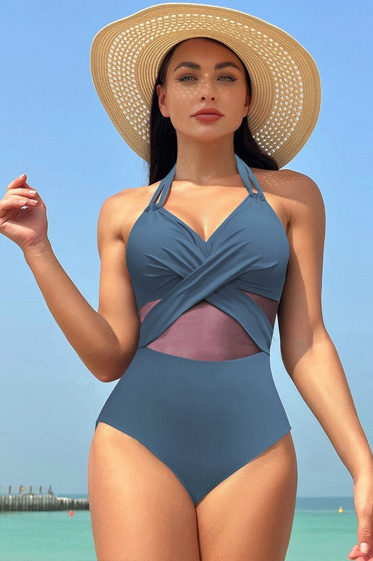 Women’s Color Block Halter Cross Lace One Piece Swimsuit | Zarnesh