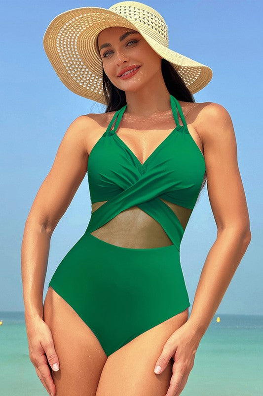 Women’s Color Block Halter Cross Lace One Piece Swimsuit | Zarnesh
