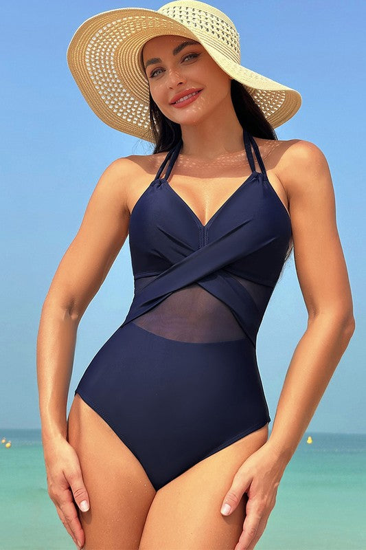 Women’s Color Block Halter Cross Lace One Piece Swimsuit | Zarnesh