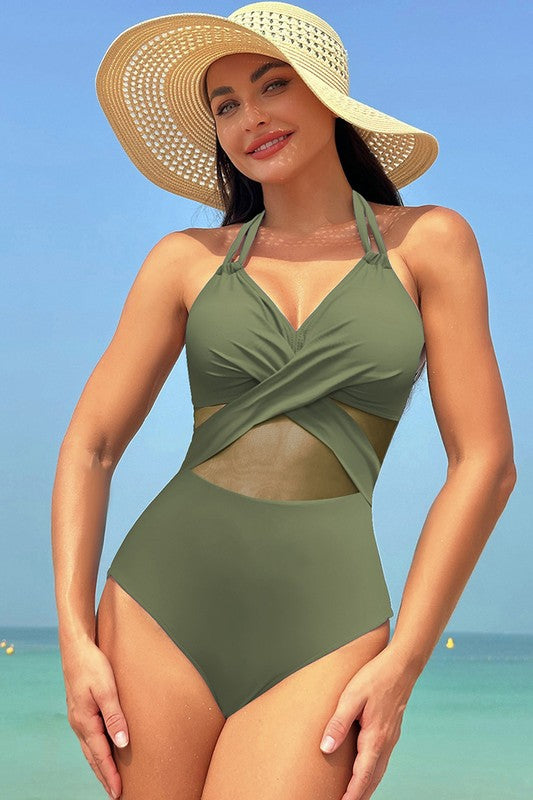 Women’s Color Block Halter Cross Lace One Piece Swimsuit | Zarnesh