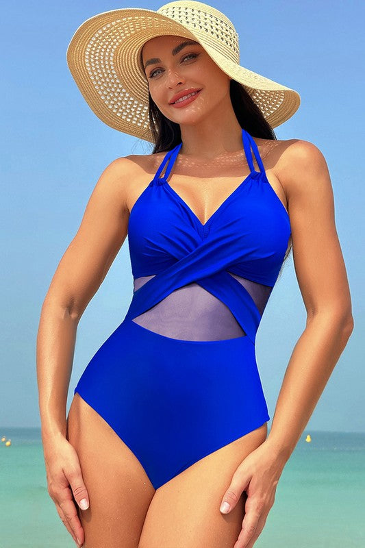 Women’s Color Block Halter Cross Lace One Piece Swimsuit | Zarnesh