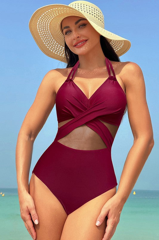 Women’s Color Block Halter Cross Lace One Piece Swimsuit | Zarnesh