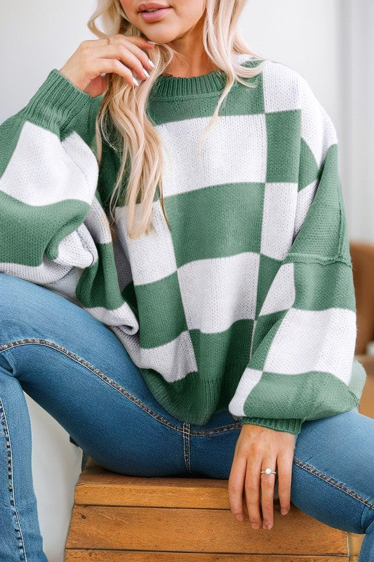 Women’s Color Block Plaid Exposed Bishop Sleeve Seam Sweater | Zarnesh