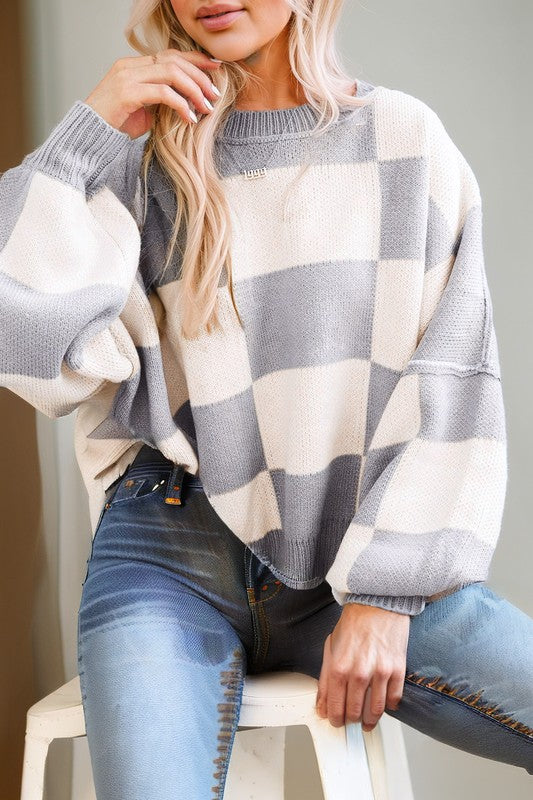 Women’s Color Block Plaid Exposed Bishop Sleeve Seam Sweater | Zarnesh