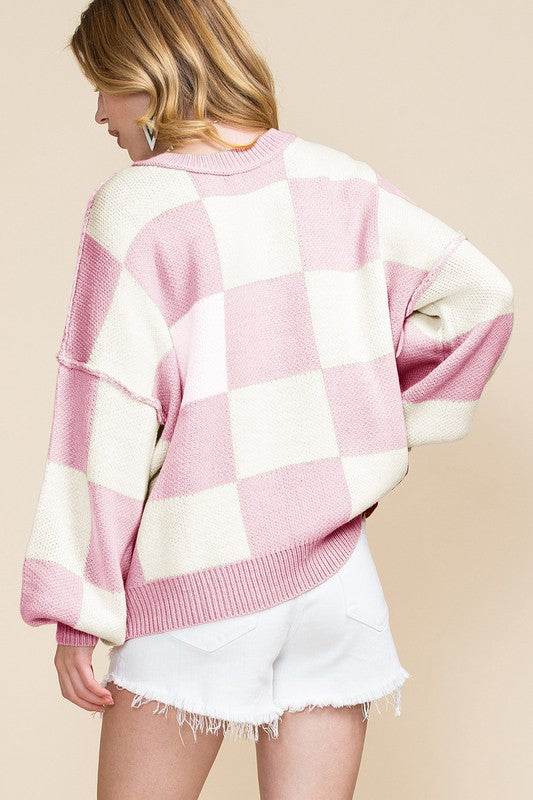 Women’s Color Block Plaid Exposed Bishop Sleeve Seam Sweater | Zarnesh