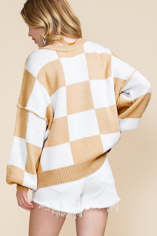 Women’s Color Block Plaid Exposed Bishop Sleeve Seam Sweater | Zarnesh