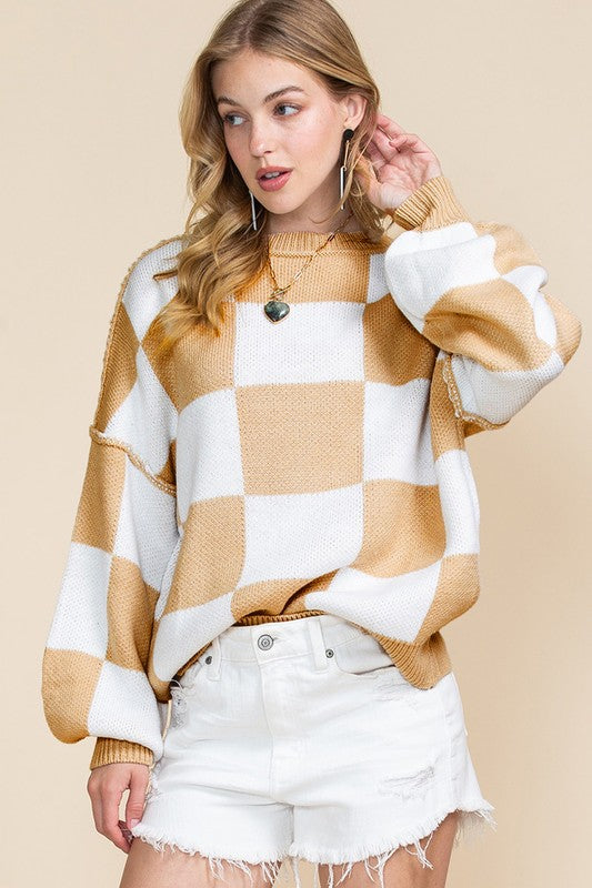Women’s Color Block Plaid Exposed Bishop Sleeve Seam Sweater | Zarnesh