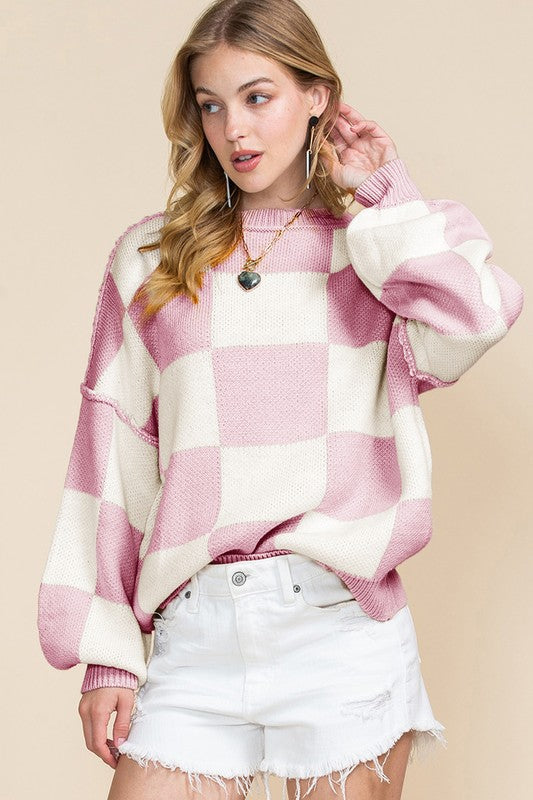 Women’s Color Block Plaid Exposed Bishop Sleeve Seam Sweater | Zarnesh