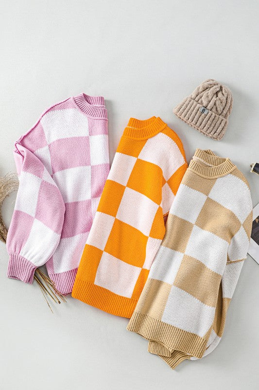Women’s Color Block Plaid Exposed Bishop Sleeve Seam Sweater | Zarnesh