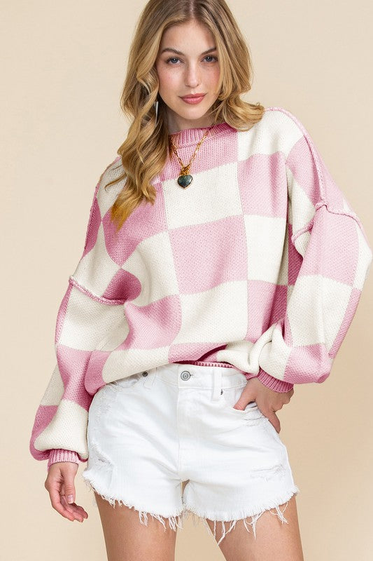 Women’s Color Block Plaid Exposed Bishop Sleeve Seam Sweater | Zarnesh