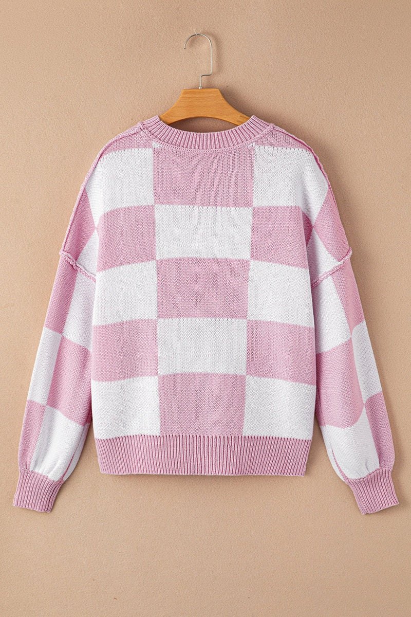 Women’s Color Block Plaid Exposed Bishop Sleeve Seam Sweater | Zarnesh