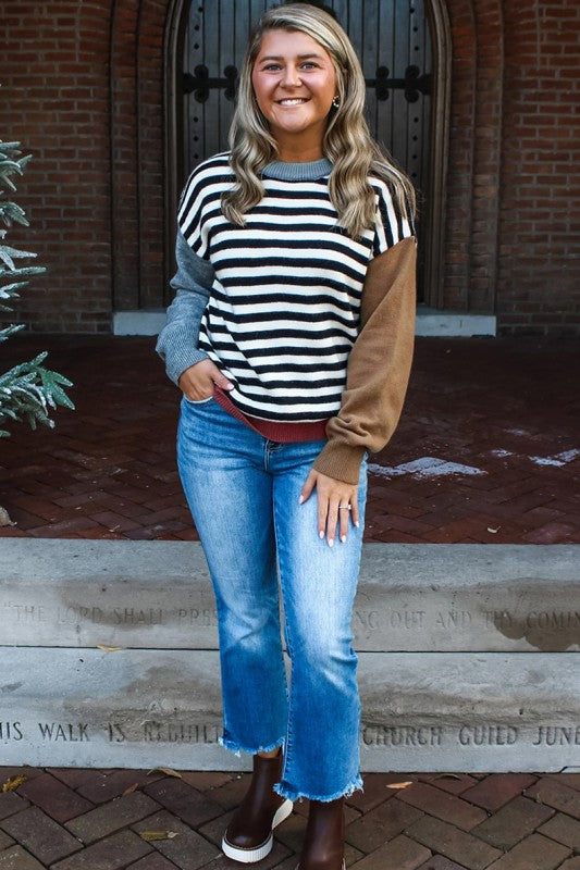 Women’s Colorblock Patchwork Striped Sleeve Chic Sweater | Zarnesh