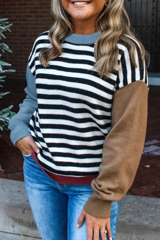 Women’s Colorblock Patchwork Striped Sleeve Chic Sweater | Zarnesh