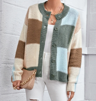 Women’s Colorblock plaid Knit Button Up Sweater Cardigan | Zarnesh