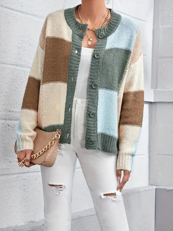 Women’s Colorblock plaid Knit Button Up Sweater Cardigan | Zarnesh
