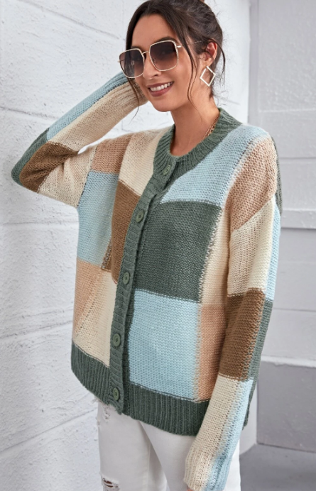 Women’s Colorblock plaid Knit Button Up Sweater Cardigan | Zarnesh