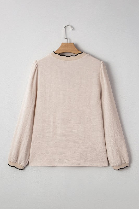 Women’s Contrast V-Neck Scalloped Trim Long Sleeve Blouse | Zarnesh