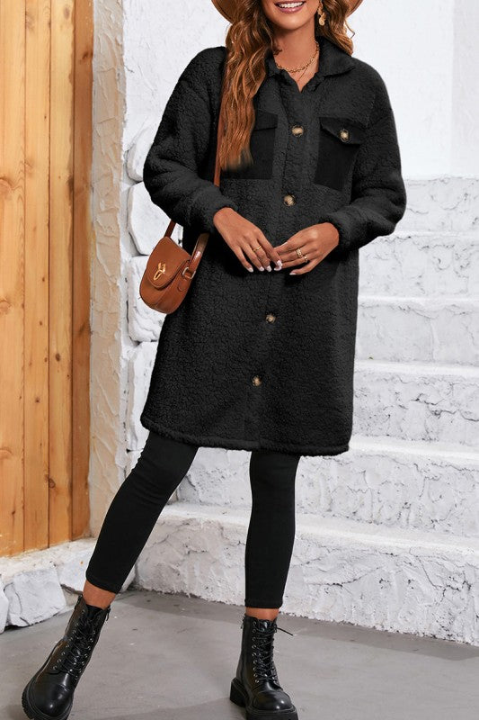 Women’s Contrast Flap Pocket Single Breasted Teddy Coat | Zarnesh