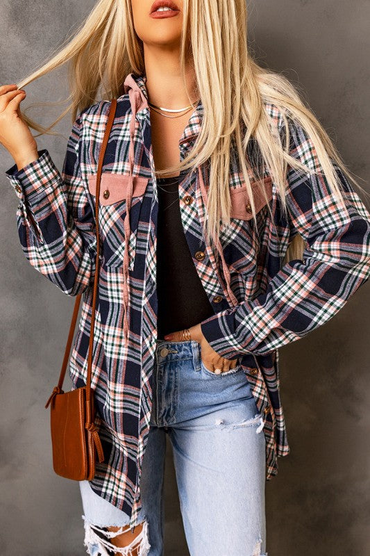 Women’s Contrast Hooded Drawstring Plaid Shacket | Zarnesh