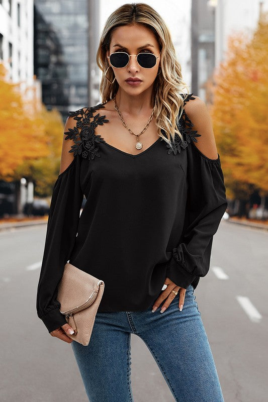 Women’s Contrast Low Back Lace Cold Shoulder Top | Zarnesh