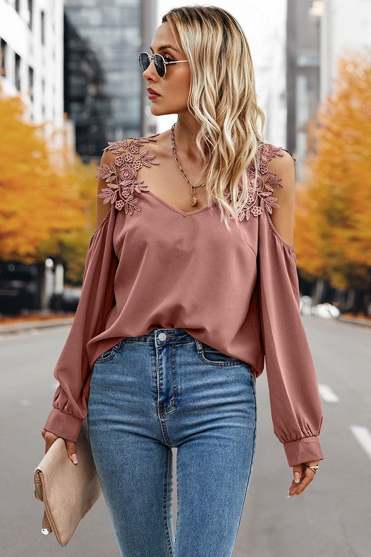 Women’s Contrast Low Back Lace Cold Shoulder Top | Zarnesh