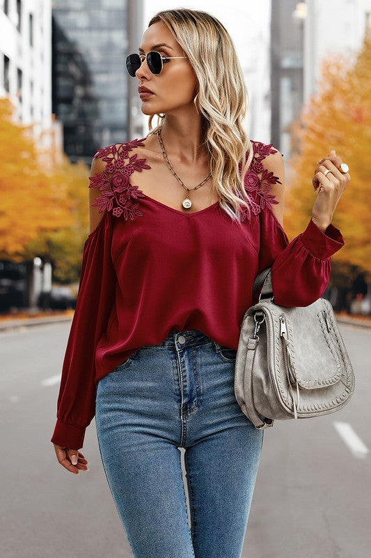 Women’s Contrast Low Back Lace Cold Shoulder Top | Zarnesh