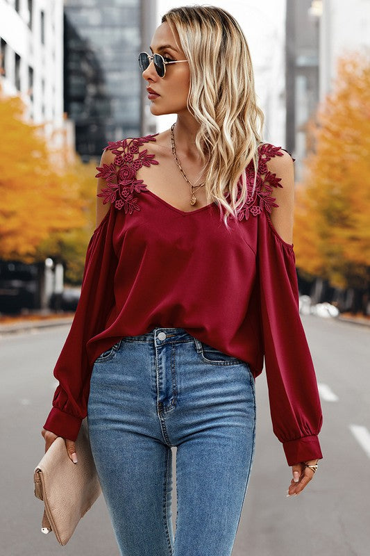 Women’s Contrast Low Back Lace Cold Shoulder Top | Zarnesh