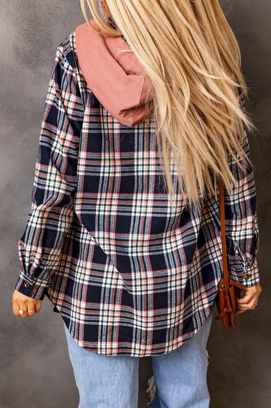 Women’s Contrast Hooded Drawstring Plaid Shacket | Zarnesh