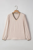 Women’s Contrast V-Neck Scalloped Trim Long Sleeve Blouse | Zarnesh