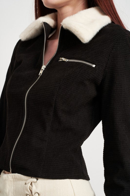Women’s Contrasted Collar Cropped Cuff Jacket | Zarnesh