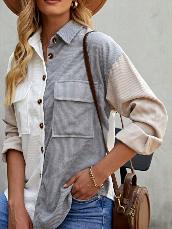 Women's Corduroy Color Block Patch Button Shirt Shacket | Zarnesh