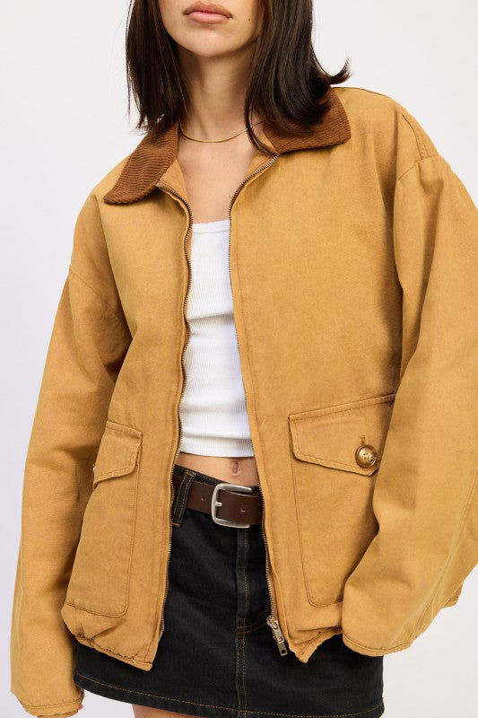 Women’s Corduroy Collar Jacket Zip Front Coat | Zarnesh
