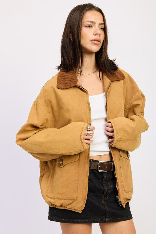 Women’s Corduroy Collar Jacket Zip Front Coat | Zarnesh