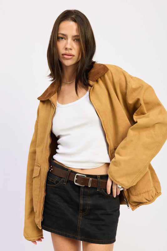 Women’s Corduroy Collar Jacket Zip Front Coat | Zarnesh
