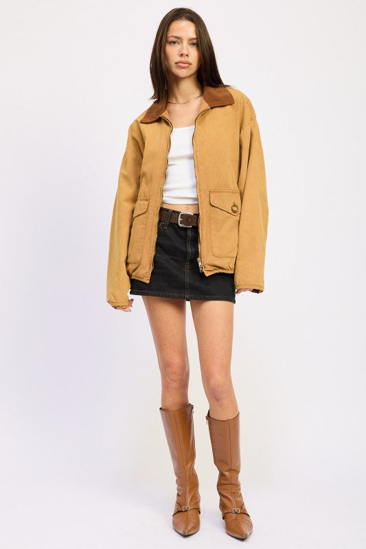 Women’s Corduroy Collar Jacket Zip Front Coat | Zarnesh