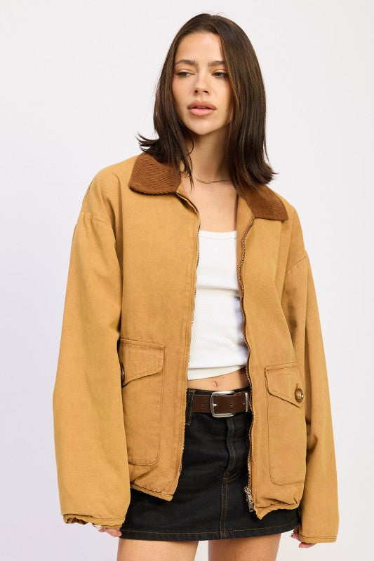 Women’s Corduroy Collar Jacket Zip Front Coat | Zarnesh