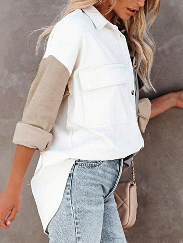 Women's Corduroy Color Block Patch Button Shirt Shacket | Zarnesh