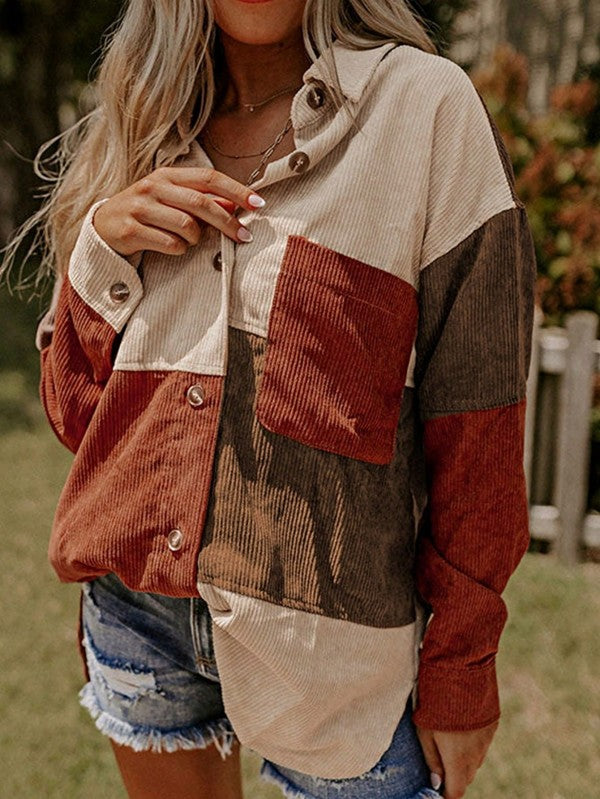 Women's Corduroy Color Block Patch Button Shirt Shacket | Zarnesh