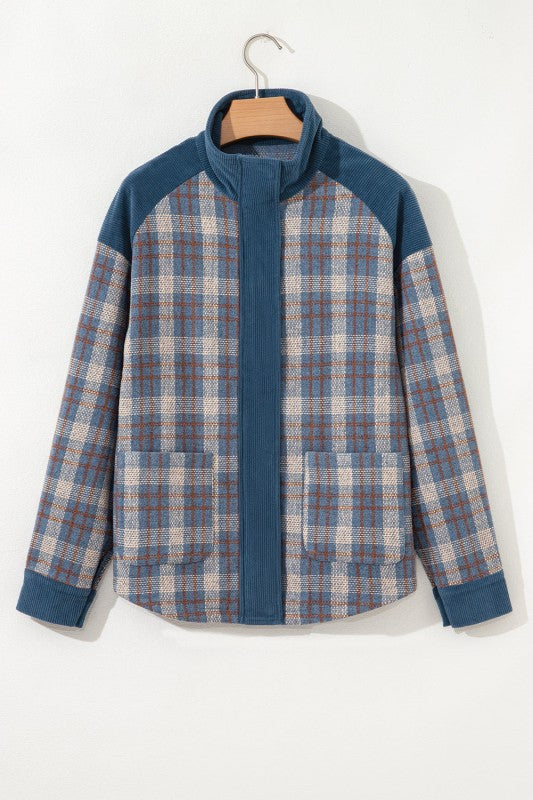 Women’s Corduroy Plaid Snap-Button Zip-Up Patchwork Jacket | Zarnesh