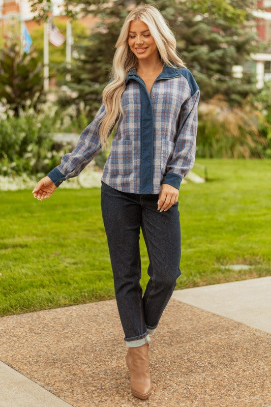 Women’s Corduroy Plaid Snap-Button Zip-Up Patchwork Jacket | Zarnesh